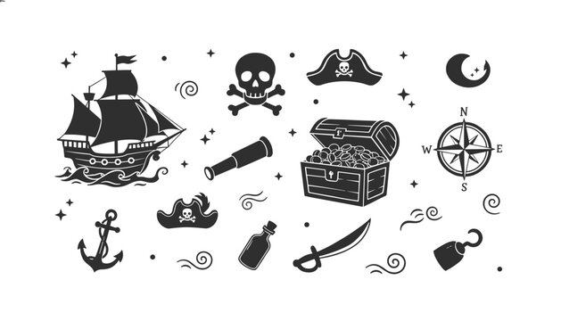 Extensive collection of classic pirate elements including a ship, treasure chest, skull, and cutlass in solid black.