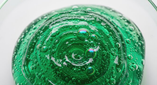 Extreme close up of vibrant green slime with iridescent bubbles and a thick viscous texture reflecting light in a liquid laboratory setting, flow, close-up, dripping