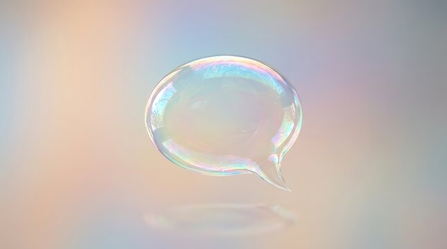 Iridescent Soap Bubble in Speech Balloon Shape on Pastel Background