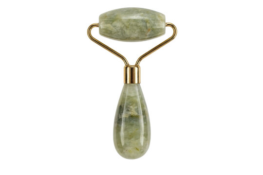 Green jade facial roller tool with a polished stone cylinder and a teardrop shaped handle for skin care isolated on a transparent background