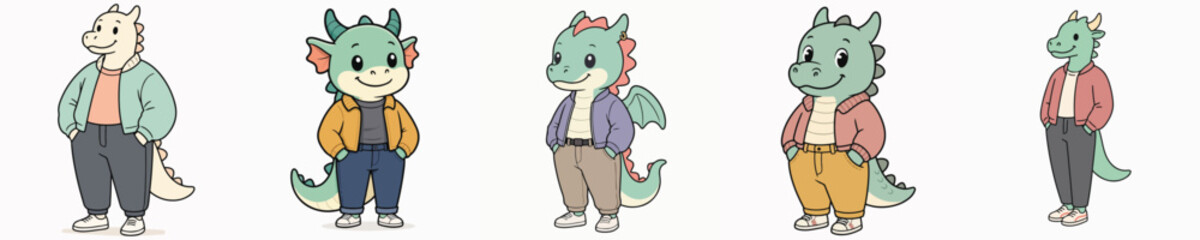Obraz premium A set of cute dragon vectors in trendy outfits, posing while standing with hands in their pockets.