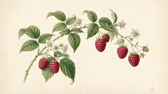Detailed botanical study of a raspberry plant branch featuring ripe red berries and delicate white blossoms