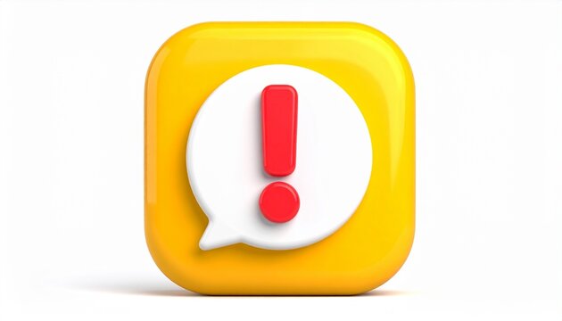 3D Yellow Chat Message Icon with Red Exclamation Symbol Isolated on White Background