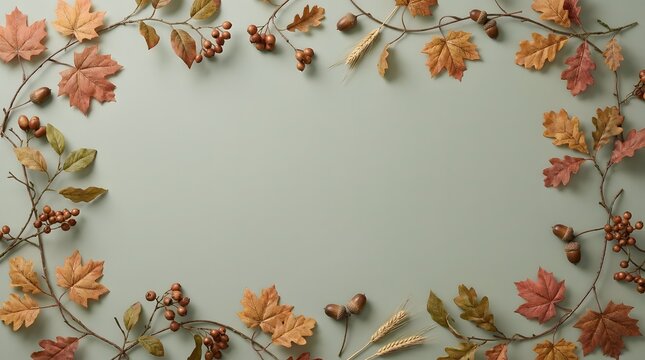 Flat lay composition of colorful autumn leaves and berries forming a frame on light background