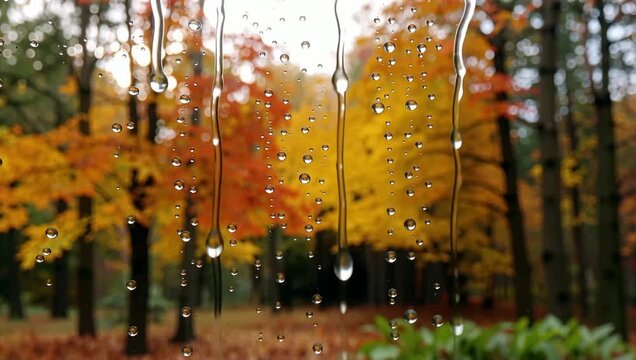 Raindrops sliding down window glass overlooking vibrant golden autumn foliage in forest.