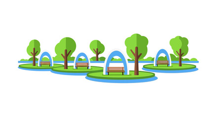 Fototapeta premium Modern Waterfront Park Flat Vector Illustration with Benches and Trees