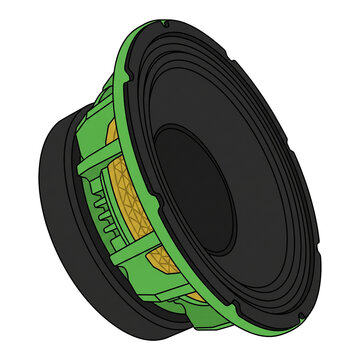 Green audio subwoofer speaker component illustration isolated on transparent background