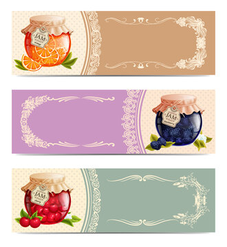Vintage jam labels with jars of fruit preserves on transparent background