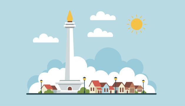 Landmark illustration of Jakarta city featuring the majestic National Monument Monas over colorful houses and a sun.