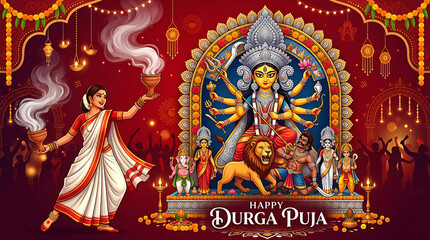 Fototapeta premium Happy durga puja celebration with goddess durga and traditional dancer