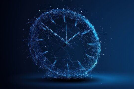 Digital clock face constructed from glowing blue geometric particles representing time and technology.