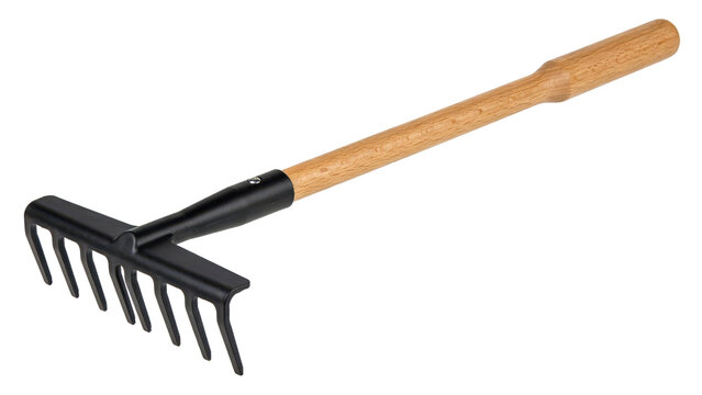Handheld garden rake with a black metal head and a long wooden handle for soil cultivation and lawn maintenance isolated on a transparent background