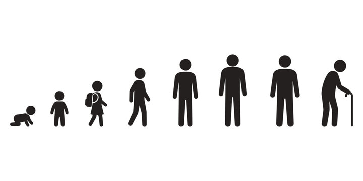 Human life cycle icon set showing the progression from infancy through childhood to adulthood and old age