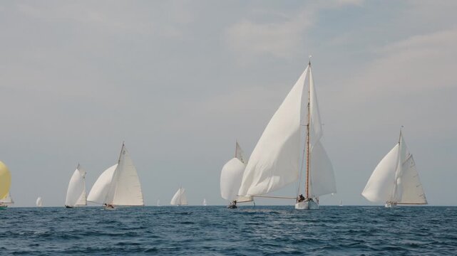 Drone shot of classic yachts racing under spinnaker during regatta