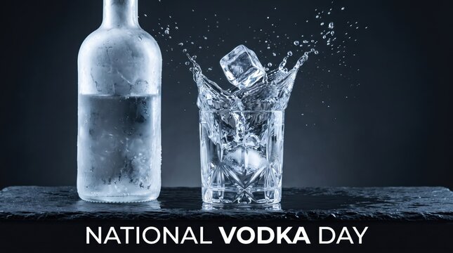 Ice cube splashing into a crystal glass of clear vodka next to a frosted glass bottle on a dark textured stone surface against a moody black background