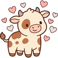 Fototapeta premium Cute cartoon cow surrounded by lovely pink and grey hearts for Valentine day design