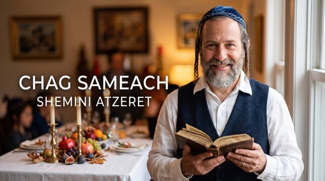 Middle aged jewish man with beard and blue kippah holding an open prayer book in a dining room with a festive table setting and blurred background