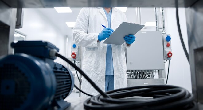 Industrial inspector in white lab coat writing on clipboard while checking large blue electric motor unit.