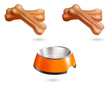 Vibrant illustration of dog bowl and bones on transparent background