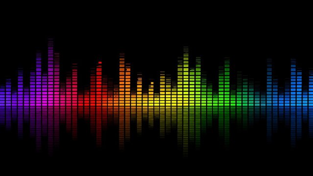 Rainbow digital audio equalizer bars reflecting on dark surface showing music volume meter and sound frequency spectrum analyzer
