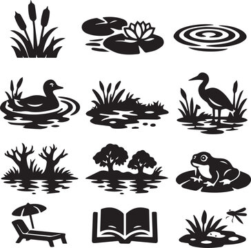 Collection of various nature and pond life icons presented in a clean black and white graphic silhouette