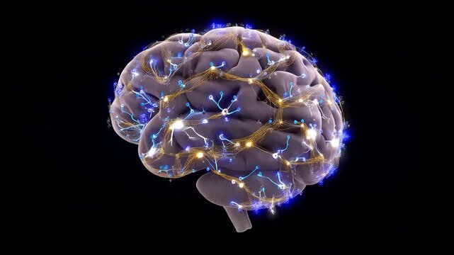 Rotating 3D Human Brain with Glowing Neural Network and Data Streams