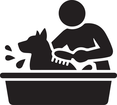 A person washing and grooming a dog in a bathtub depicted as a simple black and white silhouette