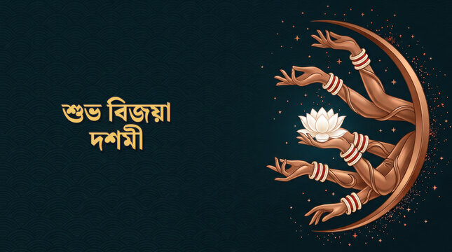Shubh bijoya dashami bengali greeting card with multiple goddess arms and lotus generated using ai