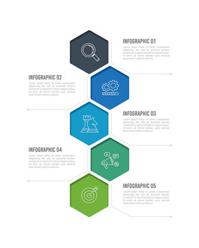 Vertical 5 Step Hexagonal Infographic Layout for Company Goal and Workflow Visualization. Presentation, Plan and Strategy. Vector illustration.