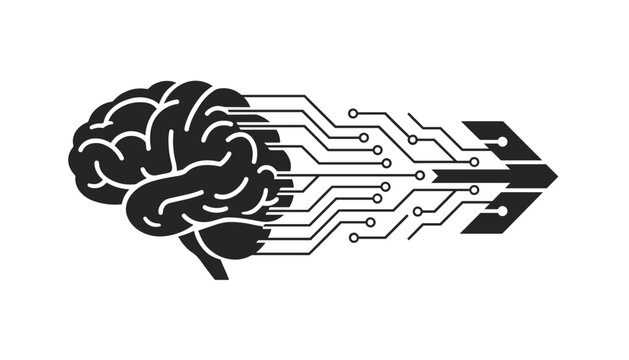 Human brain icon connected to circuit board lines forming a fast arrow, representing artificial intelligence.