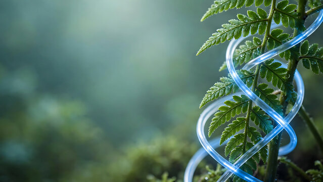 Green plant with DNA helix graphic overlay representing genetic engineering and biology