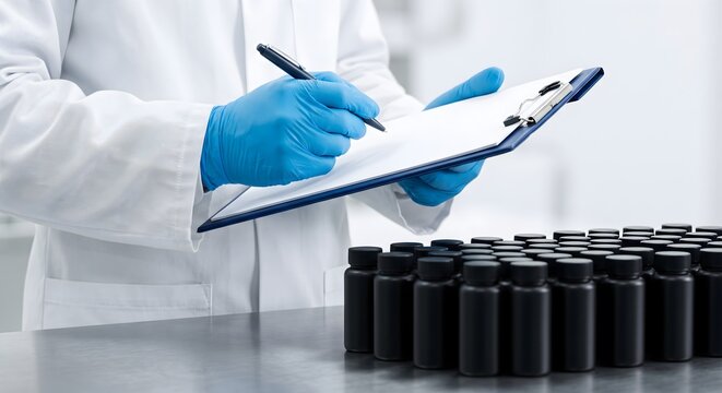 Quality control specialist in white coat recording inventory of black pharmaceutical bottles on clipboard.