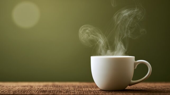 A steaming white ceramic cup of hot coffee or tea sits on a rustic wooden table against a dark background