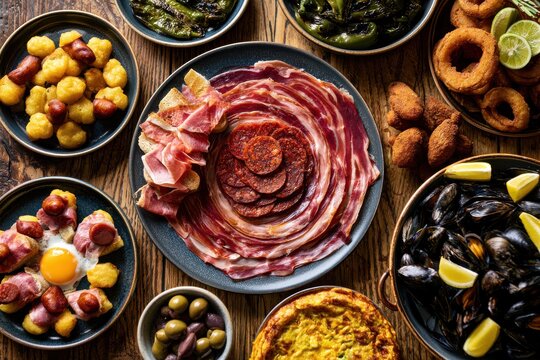 Top down view of a rustic wooden table filled with various spanish tapas dishes including meat seafood and vegetables