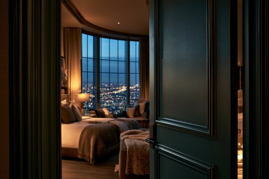 A view through an open dark door into a cozy hotel bedroom with large windows overlooking a city at night