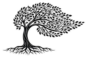 Fototapeta premium Stylized tree with roots and leaves blowing in the wind, black silhouette