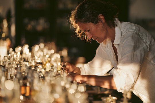 Expert Perfumer Blending Fragrance Scents in Laboratory Setting with Glowing Glass Bottles