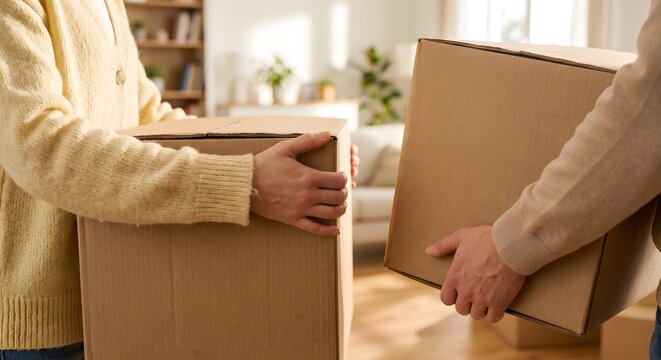 Two people wearing sweaters carrying brown cardboard boxes while moving into new house.