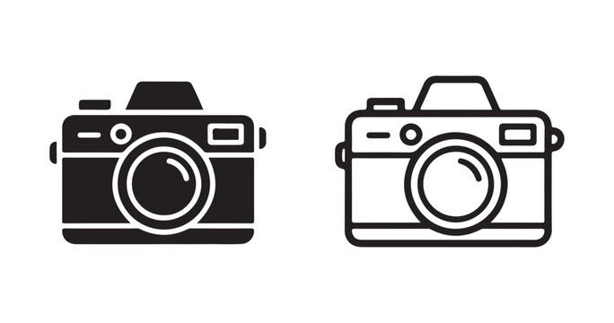 Modern camera vector icon set including filled silhouette and outline stroke styles for photographers.