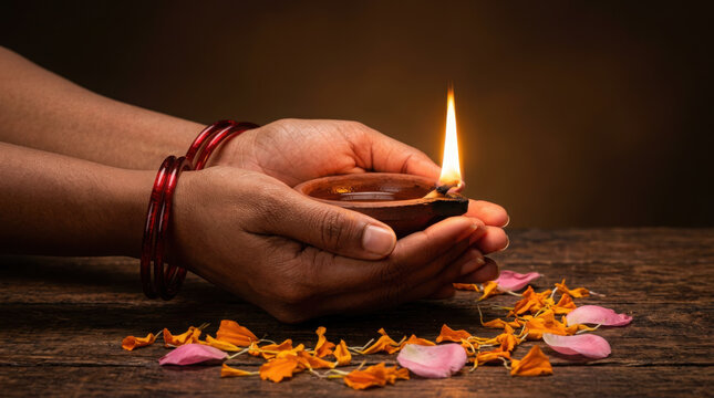Hands holding small earthen oil lamp with flame over flower petals holding diya generated using ai