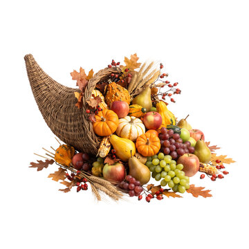 Thanksgiving cornucopia filled with fresh autumn harvest transparent background