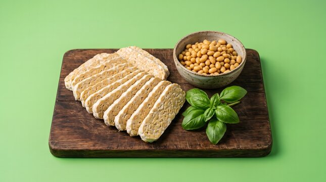 Sliced Tempeh with Soybeans and Fresh Basil on Wooden Board
