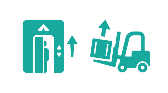 Green elevator and forklift truck vector icons set representing cargo transport and freight lifting with elevator forklift transport logistic
