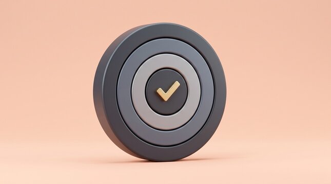 3D productivity target icon with centered check mark, isolated on pastel peach background for business goals, achievement, performance and career success.