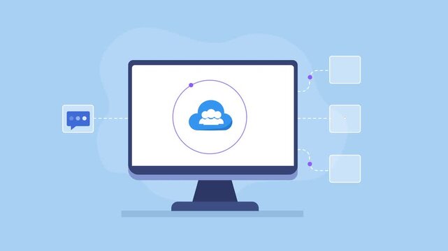 Animated video showing cloud communication and document management on a computer monitor, connected to chat, document, clipboard, and messaging icons on a blue background.