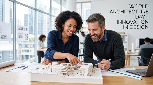 Smiling woman and man architects pointing at a white building model on a wooden table in a bright office with large windows and blurred coworkers in the background during a workday