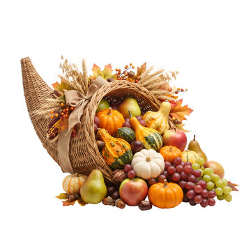 Wicker cornucopia filled with autumn harvest fruits and gourds transparent background