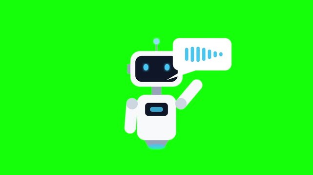 Friendly AI chatbot character with voice recognition communication bubble on a vibrant green screen.
