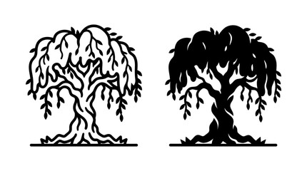 Fototapeta premium Weeping willow tree outline and silhouette vector icons on white background with illustration silhouette template botanical landscape environment drooping graceful