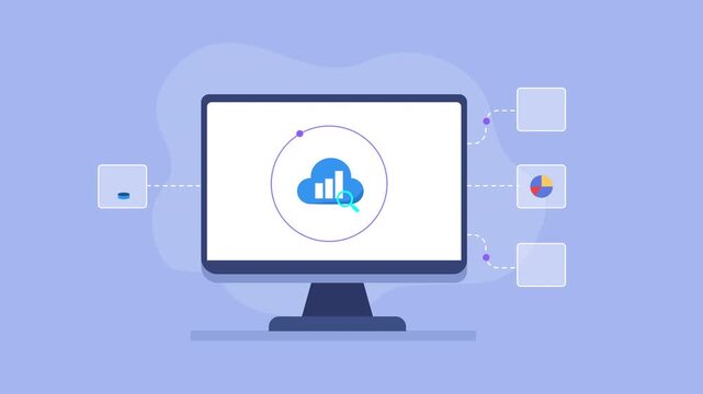 Animated video showing cloud data analytics on a computer monitor, connected to database, charts, pie graph, and business report icons on a soft blue background.